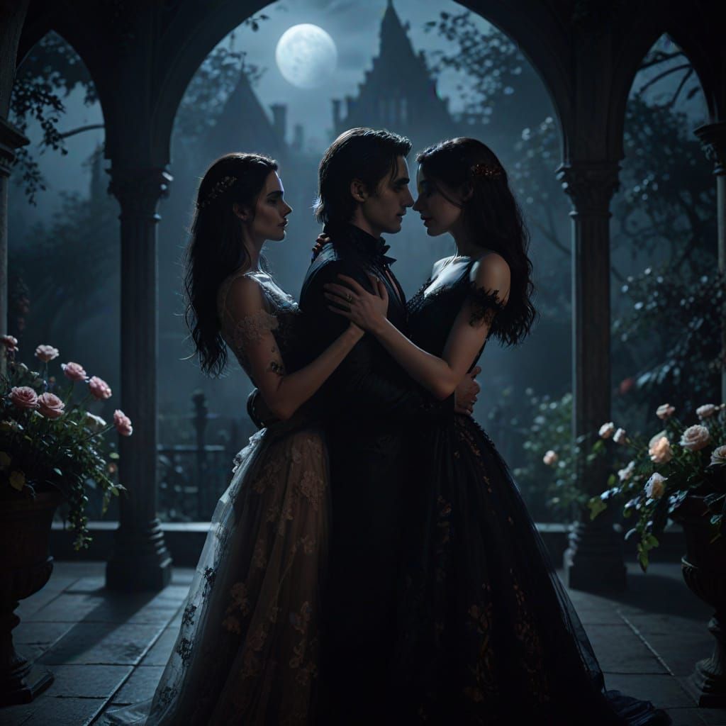 threesome slow dancing in on a darkened patio in the moonlig...