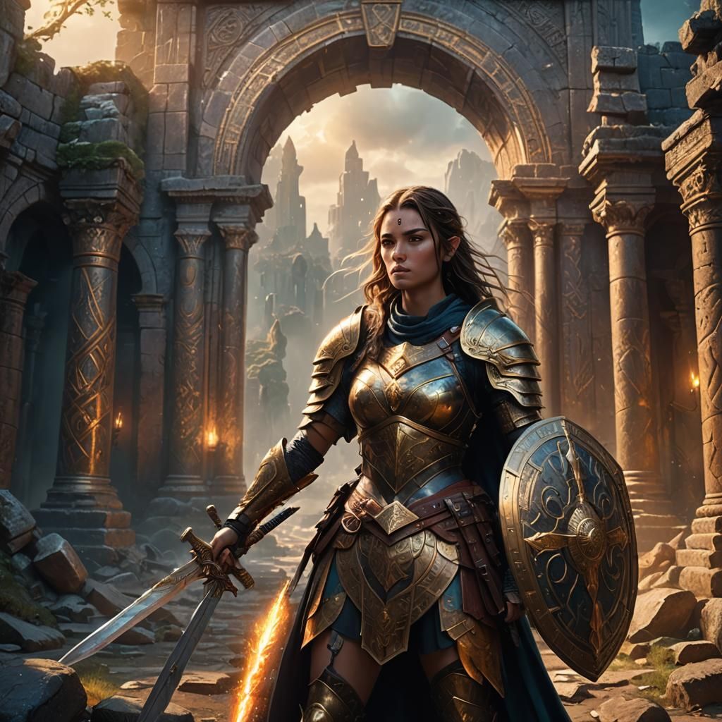 Fantasy Warrior with Sword and Shield in Matte Painting Styl...