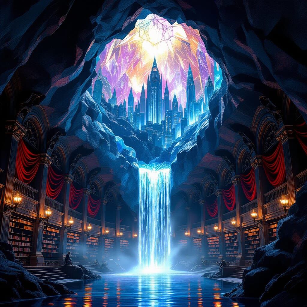 Ancient Geode Library with Crystal Illumination and Gargoyle...