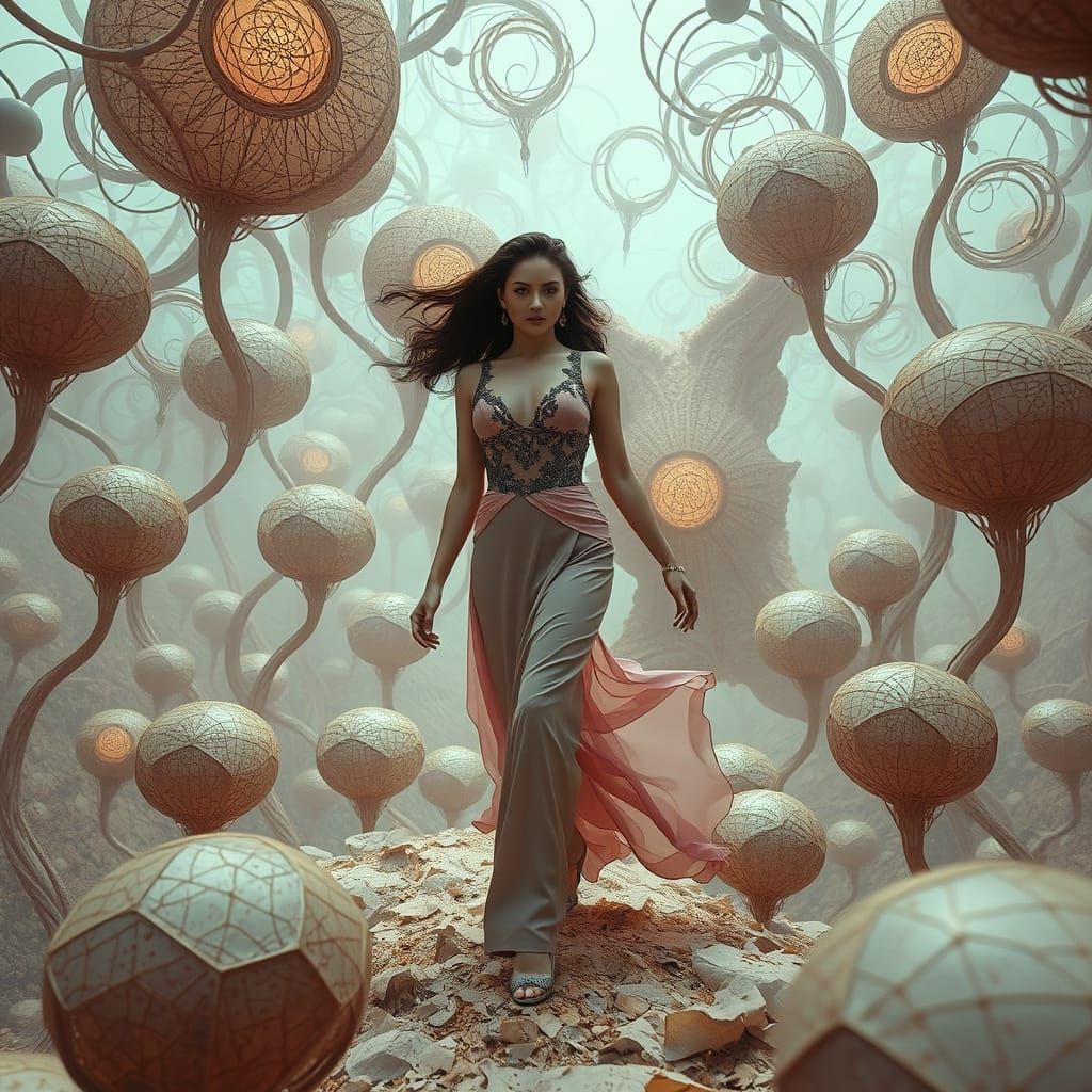 Confident Belle Époque Woman in Whimsical Dreamlike Landscap...