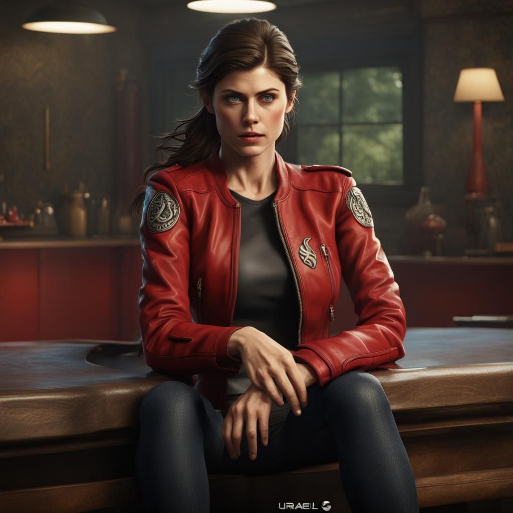 Alexandra Daddario in Red Leather Jacket, Detailed Painting
