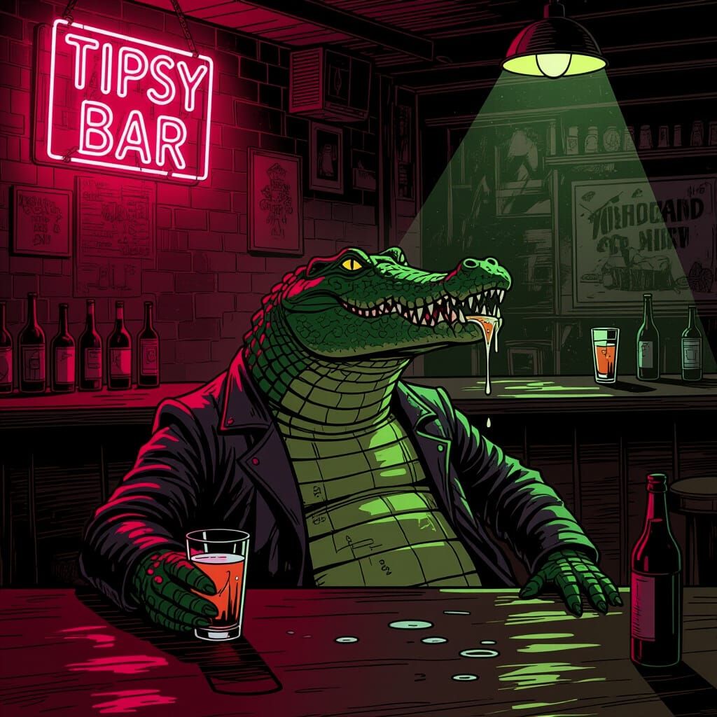 Tipsy Crocodile in Gritty Neo-Noir Bar