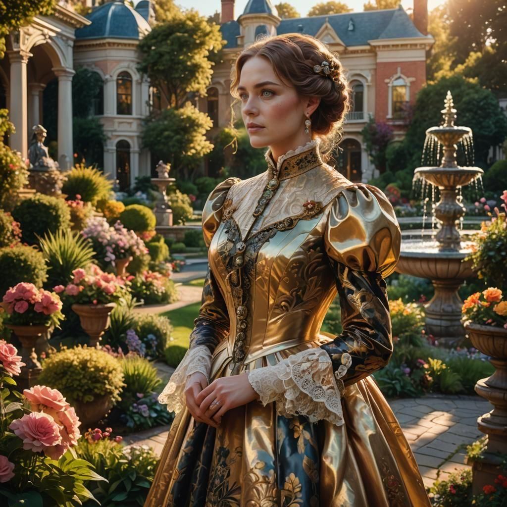 Victorian Lady in Opulent Garden, Detailed Portrait