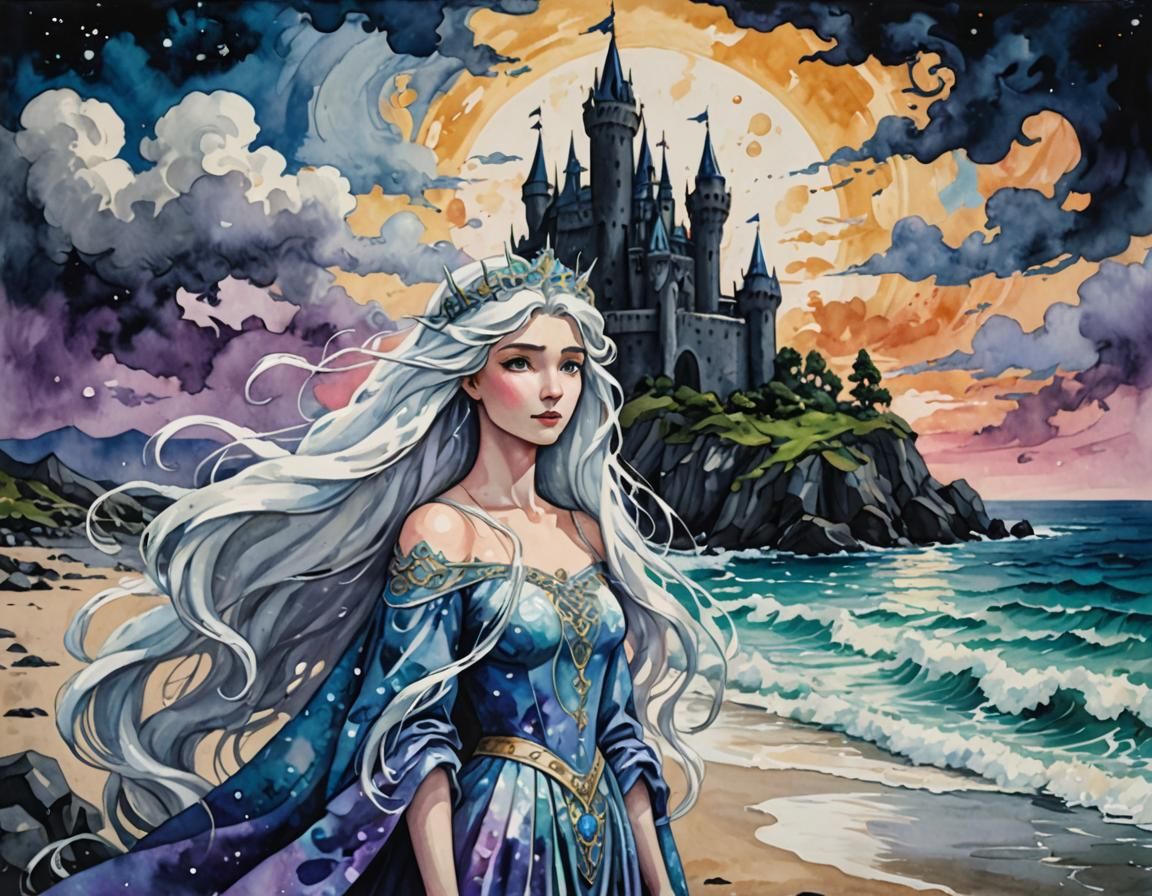 Lady Amalthea on a Dark Beach, Gouache Style
