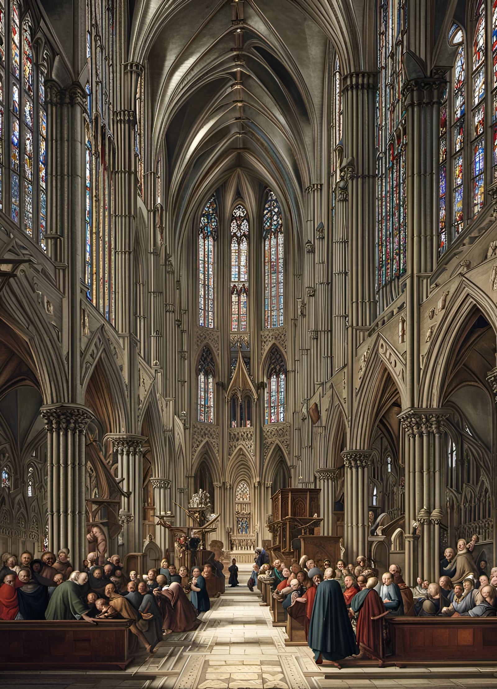 Gothic Church Interior with Stained Glass Windows