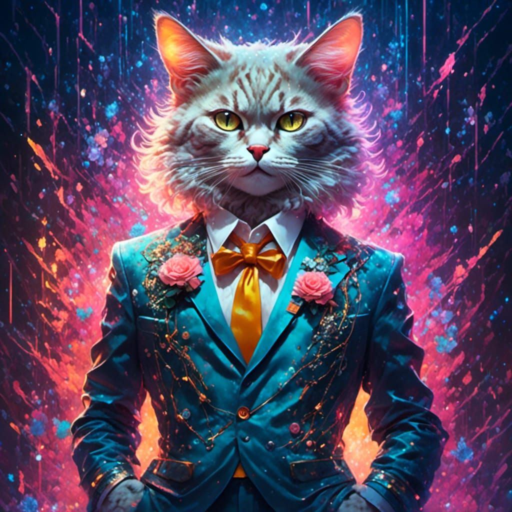 Cyborg Cat in Suit: Vintage Oil Painting