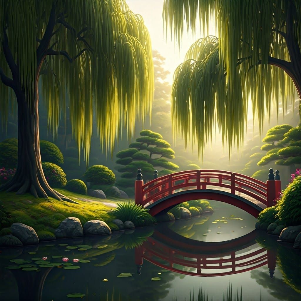Traditional Japanese Garden Scene with Majestic Weeping Will...