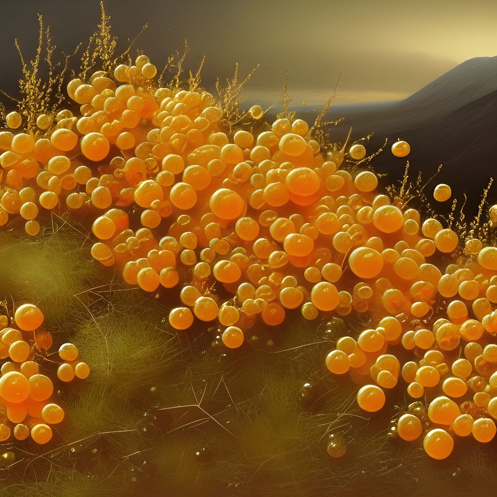 Golden Cloudberries in Norwegian Bog, Hyperrealistic Detail