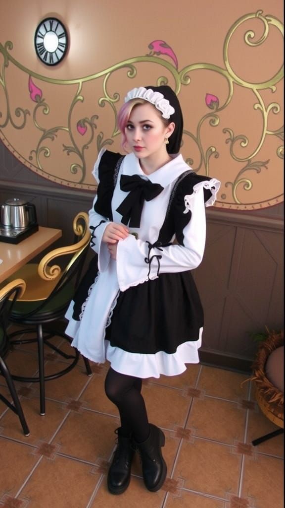 Vibrant Emo Woman in Maid Costume at a Trendy Cafe