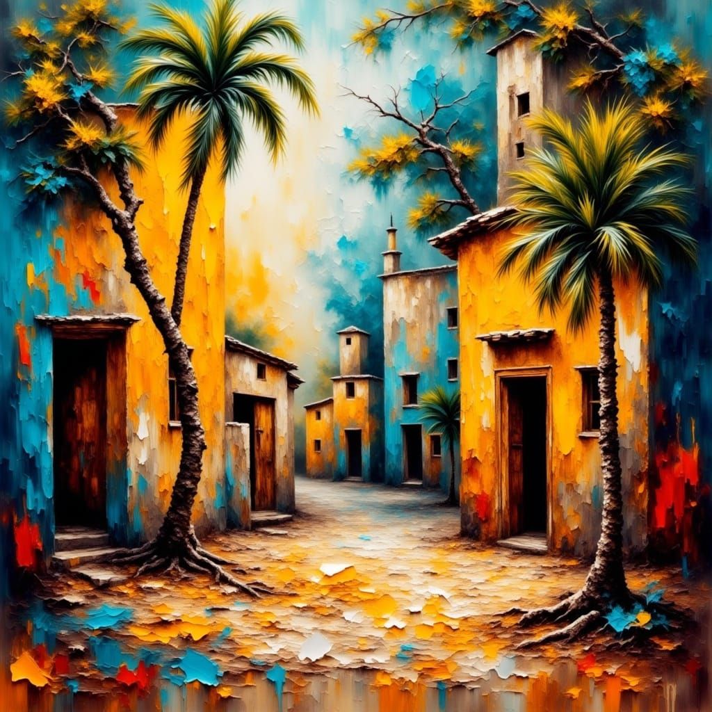 <lora:Smokey grunge:1.0> View of an ancient village after sand storm and tall buildings with vibrant, colorful stripes t...