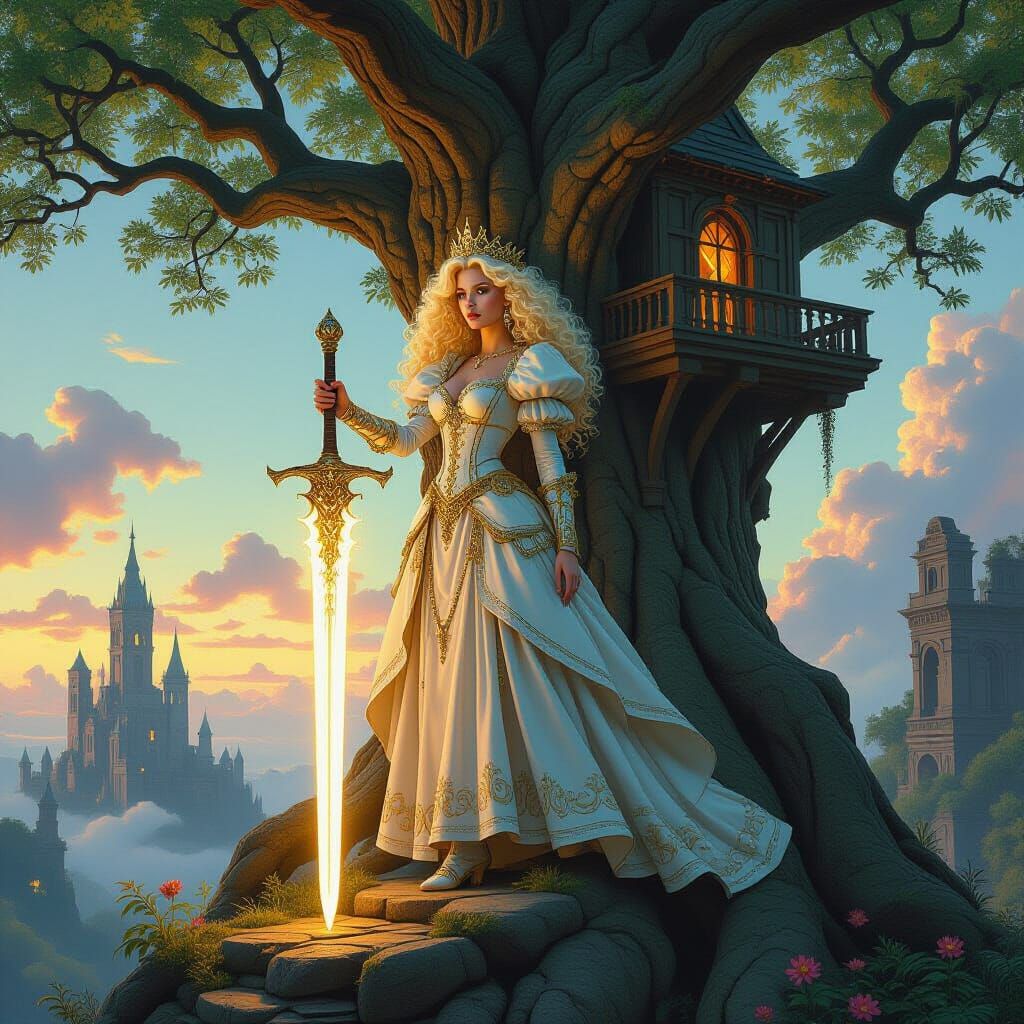 Blonde Queen in Baroque Attire on Ancient Treehouse