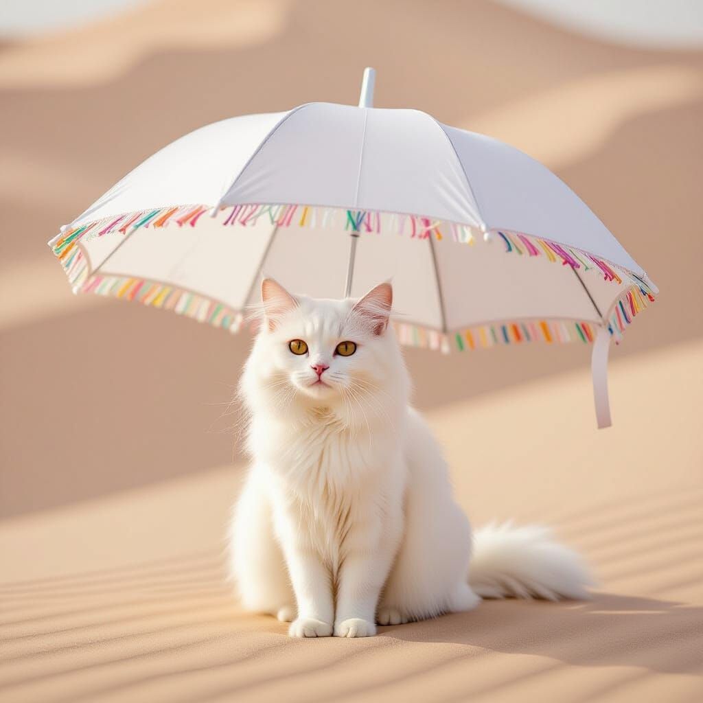 Cat with Umbrella on Sand Dune