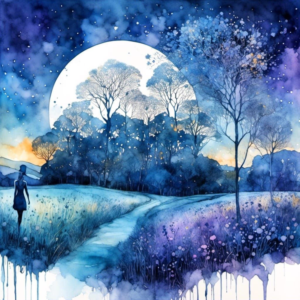 Twilight Woman in Liquid Ink Watercolor Illustration