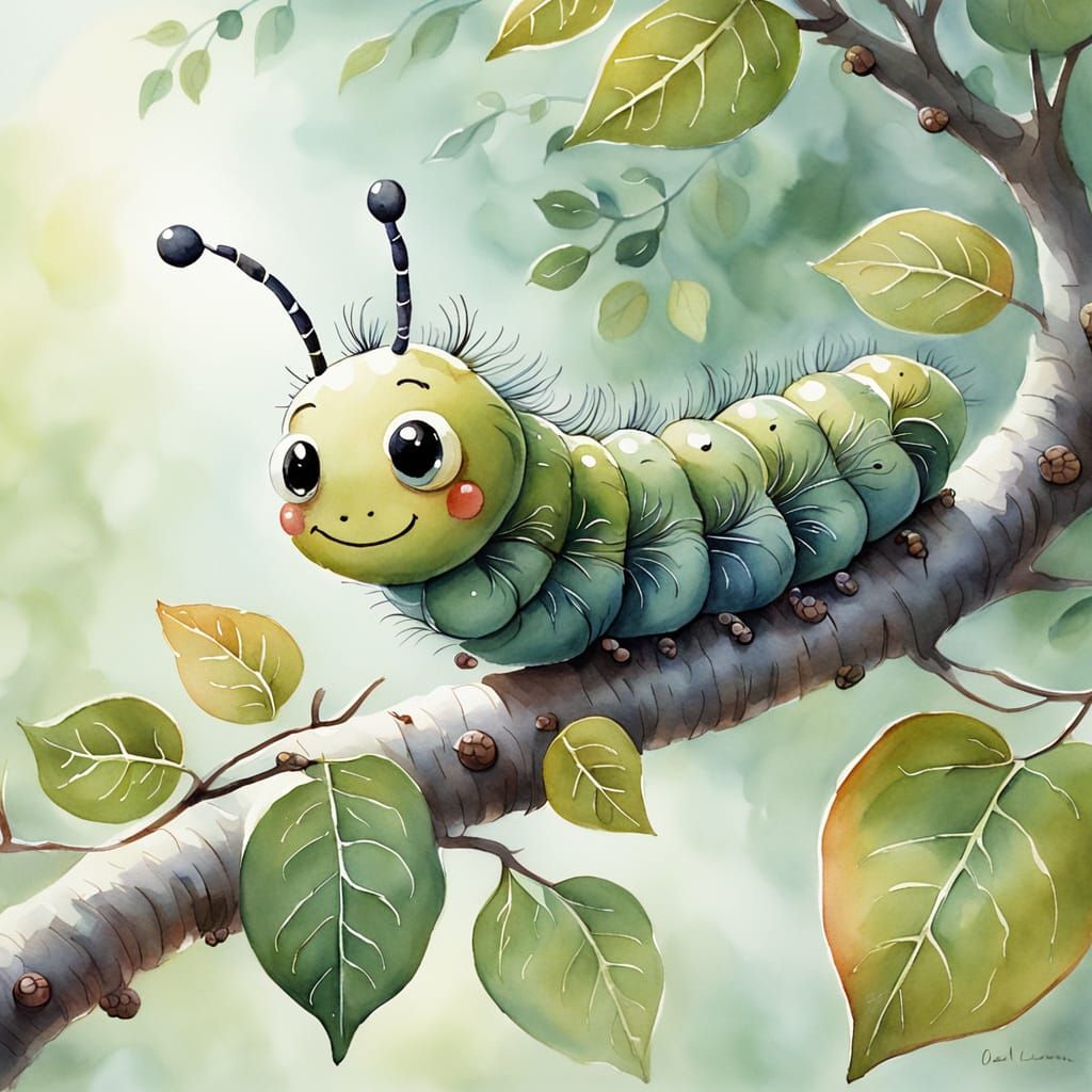 Whimsical Caterpillar Portrait in Watercolor Style