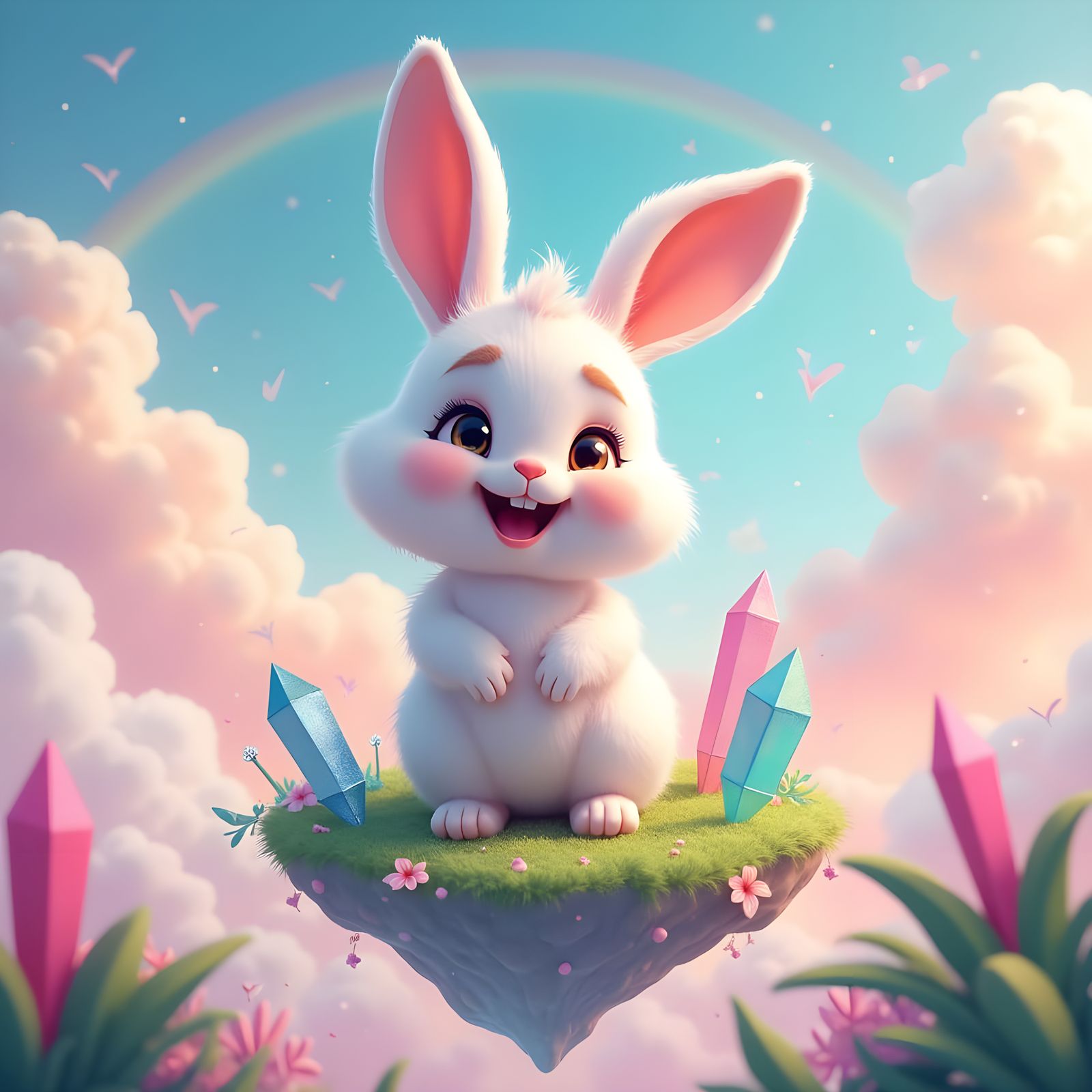 Pixar-Style Bunny on Floating Island, Digital Art