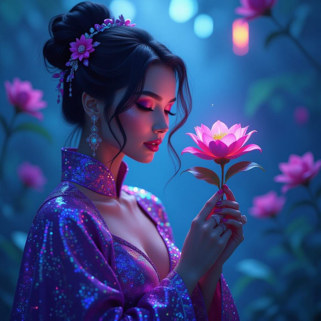 Post modern glittering neon fabric lady with flower