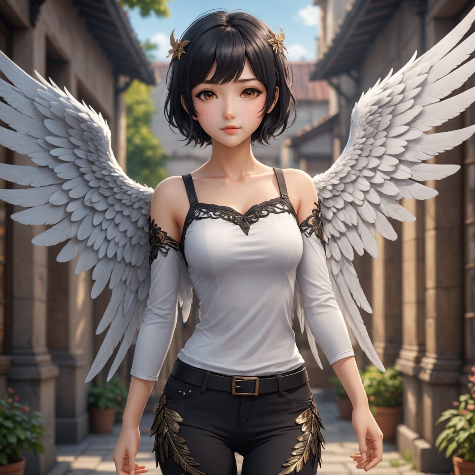 Anime Angel with Black Hair and Wings
