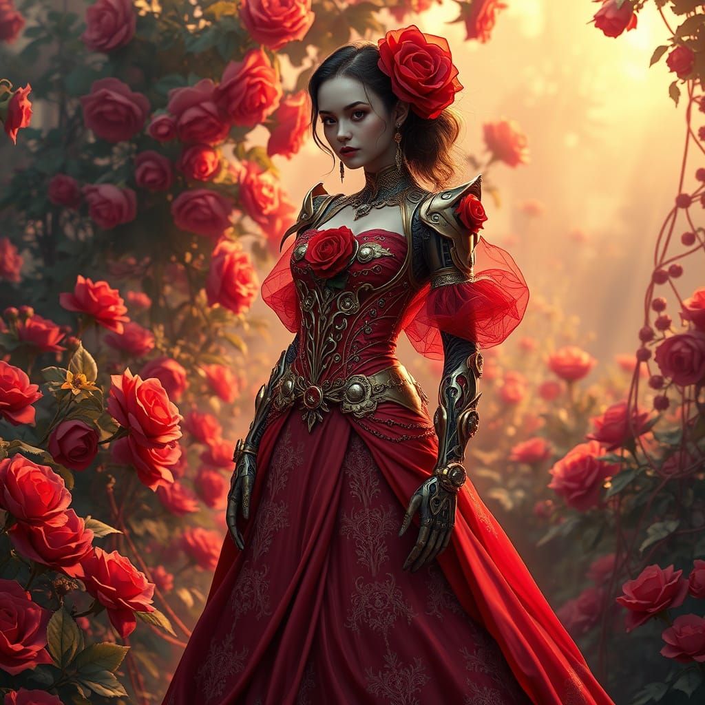 SunA female cyborg in a vivid rose-themed gown, made of ruby...
