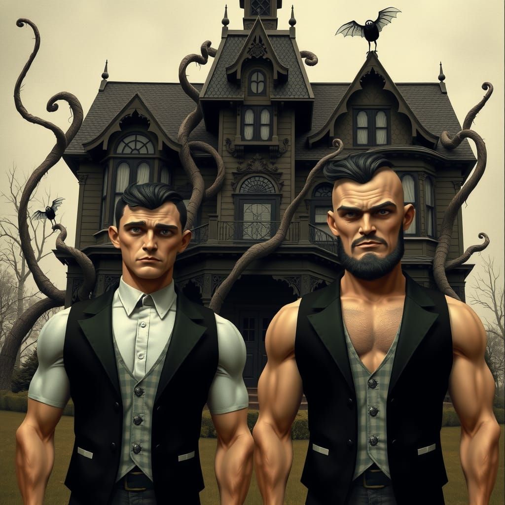 Surreal Gothic Men in Front of Victorian House