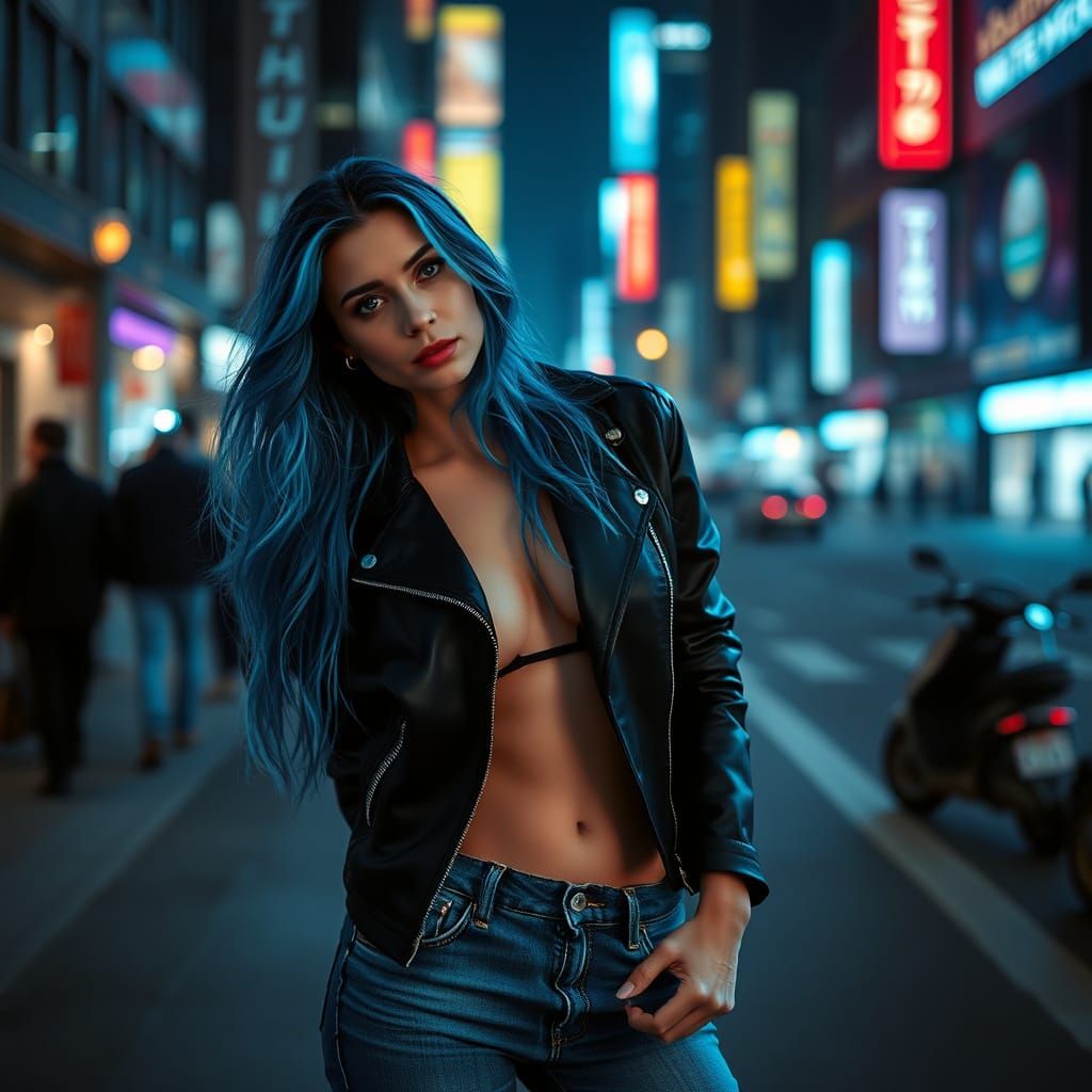 Blue-Haired Woman in Night City Fantasy