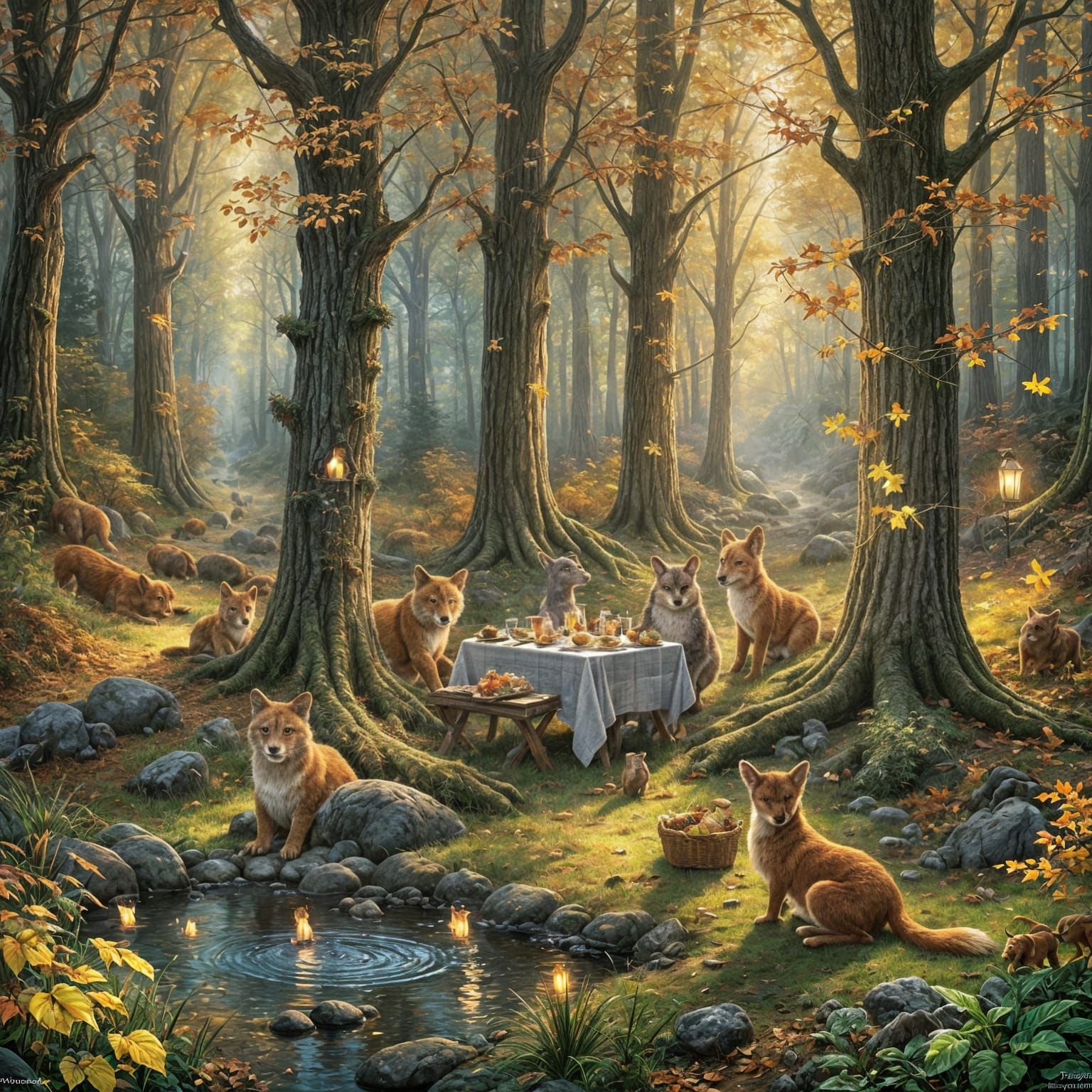 Forest Animals Picnic in Autumn Fantasy Glen