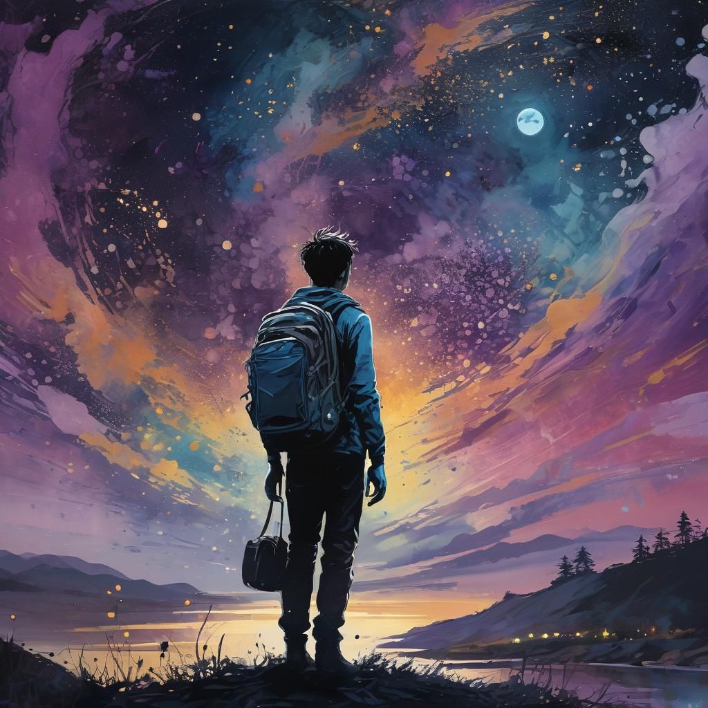 Traveler Gazing at Moon in Ink Splash Art