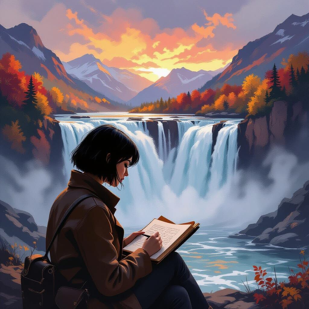 Woman Sketching Autumn Waterfall in Oil Painting Style