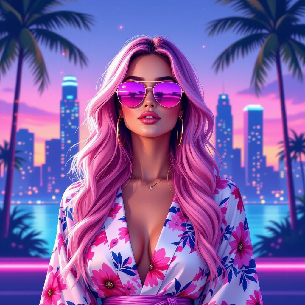 Anime Woman in Futuristic City, Pink Hair, Floral Kimono