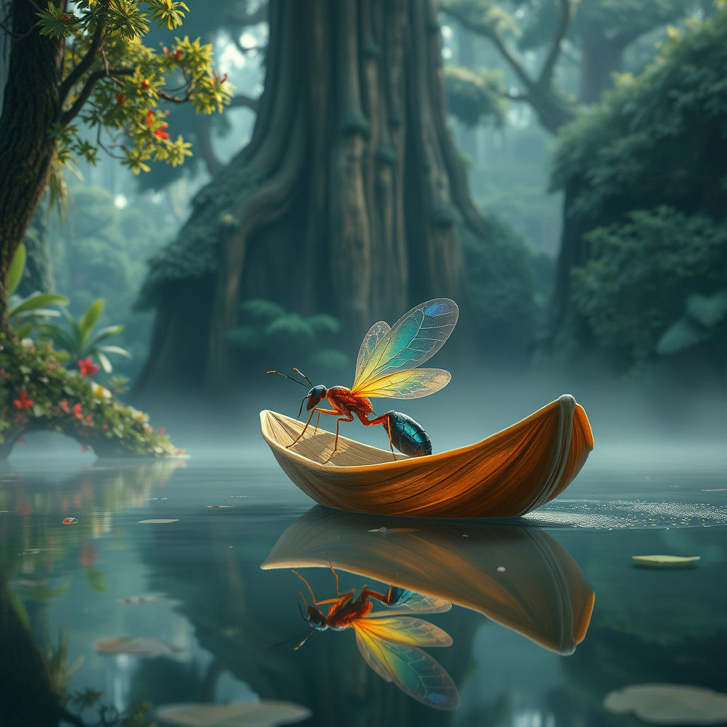 Iridescent Ant Sails Leaf Boat on Misty Lake