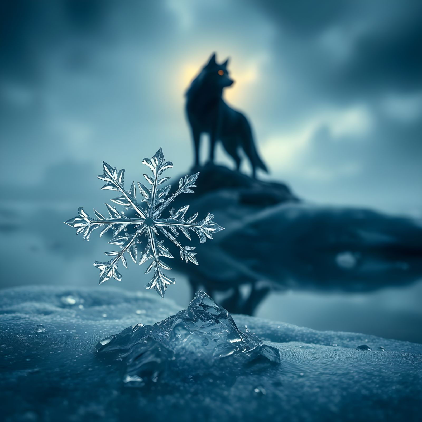 Glowing Snowflake and Wolf on Frozen Lake