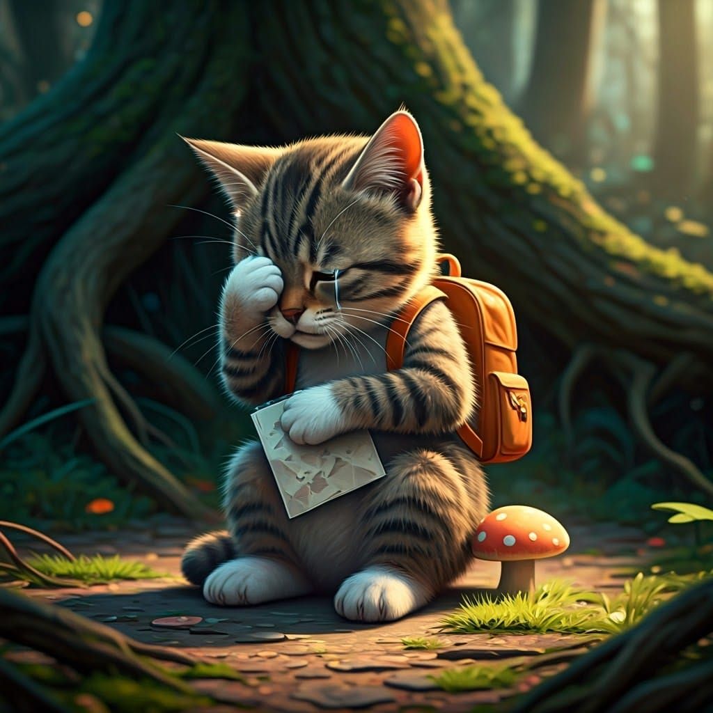 Sorrowful Tabby Cat Bullied in Whimsical Forest