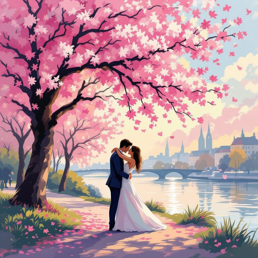 Silhouetted Lovers Under Cherry Blossom Tree in Impressionis...