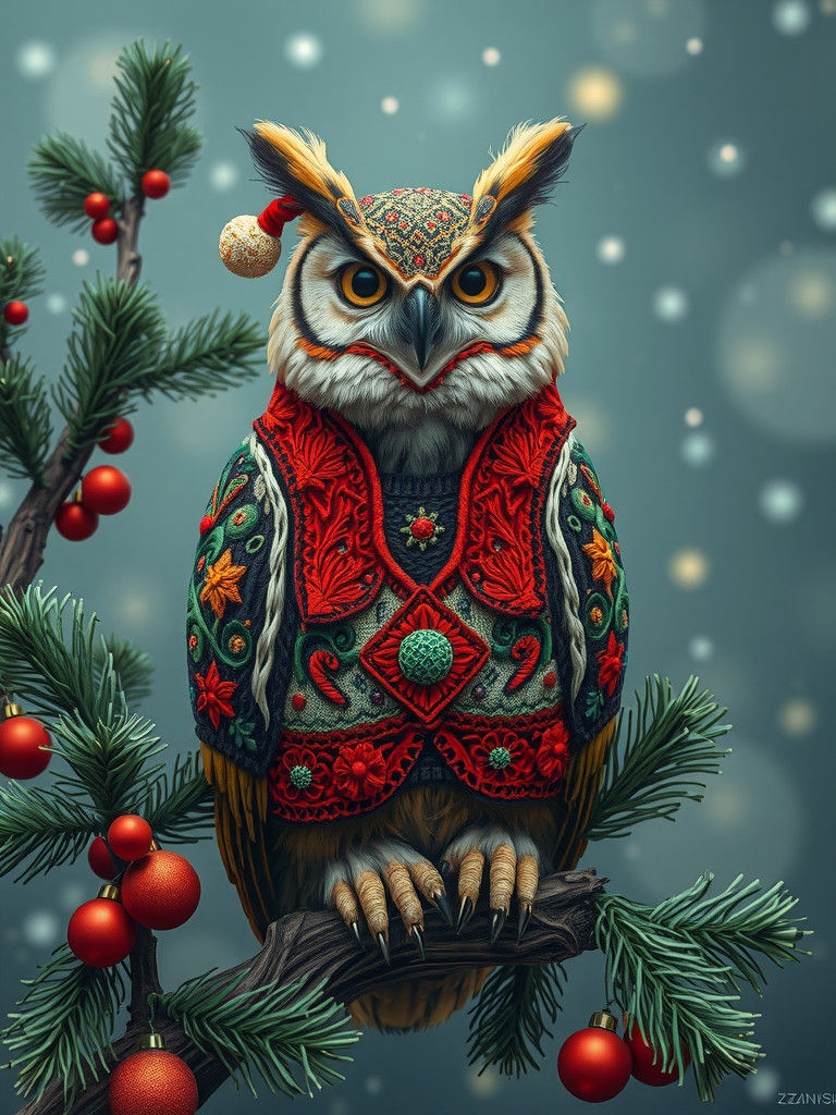 Owl in Ugly Christmas Sweater, Beksinski Style