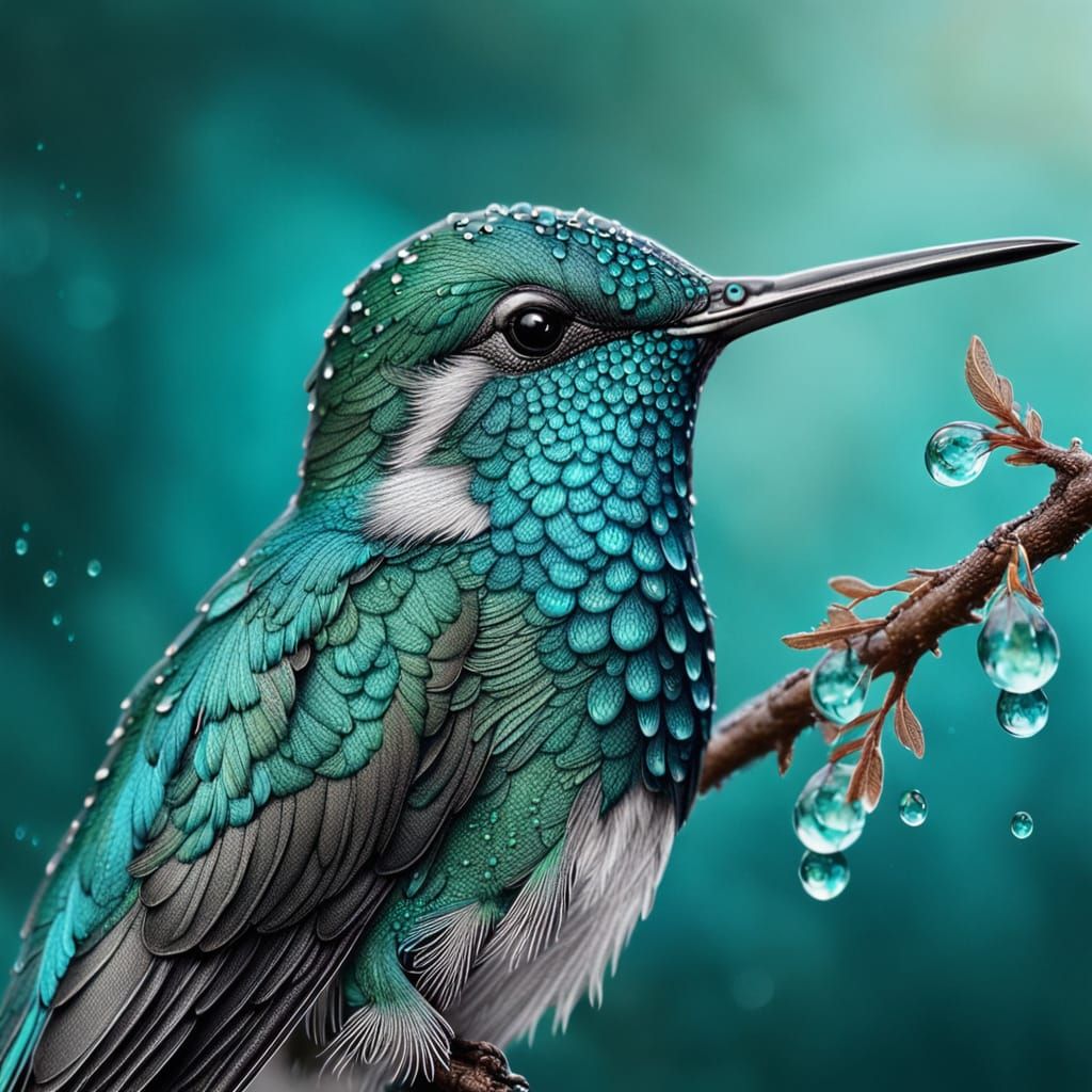 Turquoise Hummingbird Close-Up with Intricate Detail
