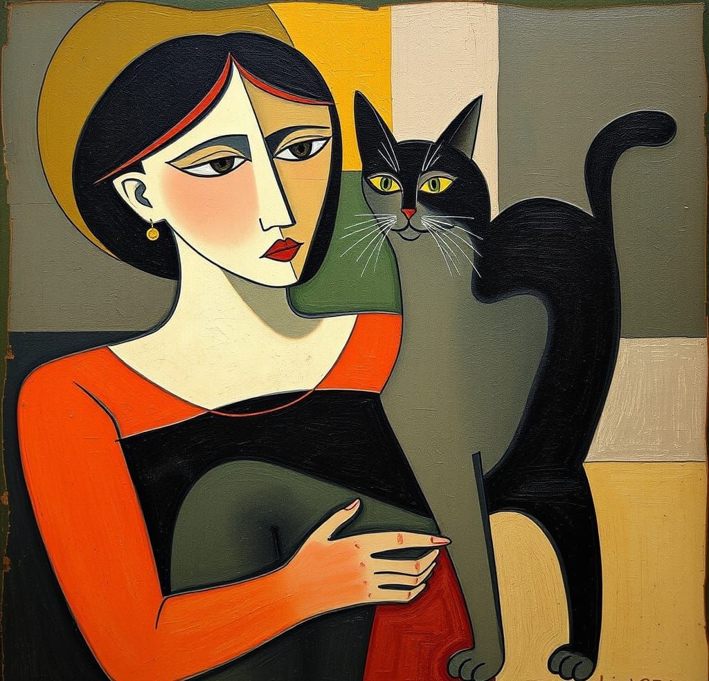 Woman and Cat Cubist Artwork