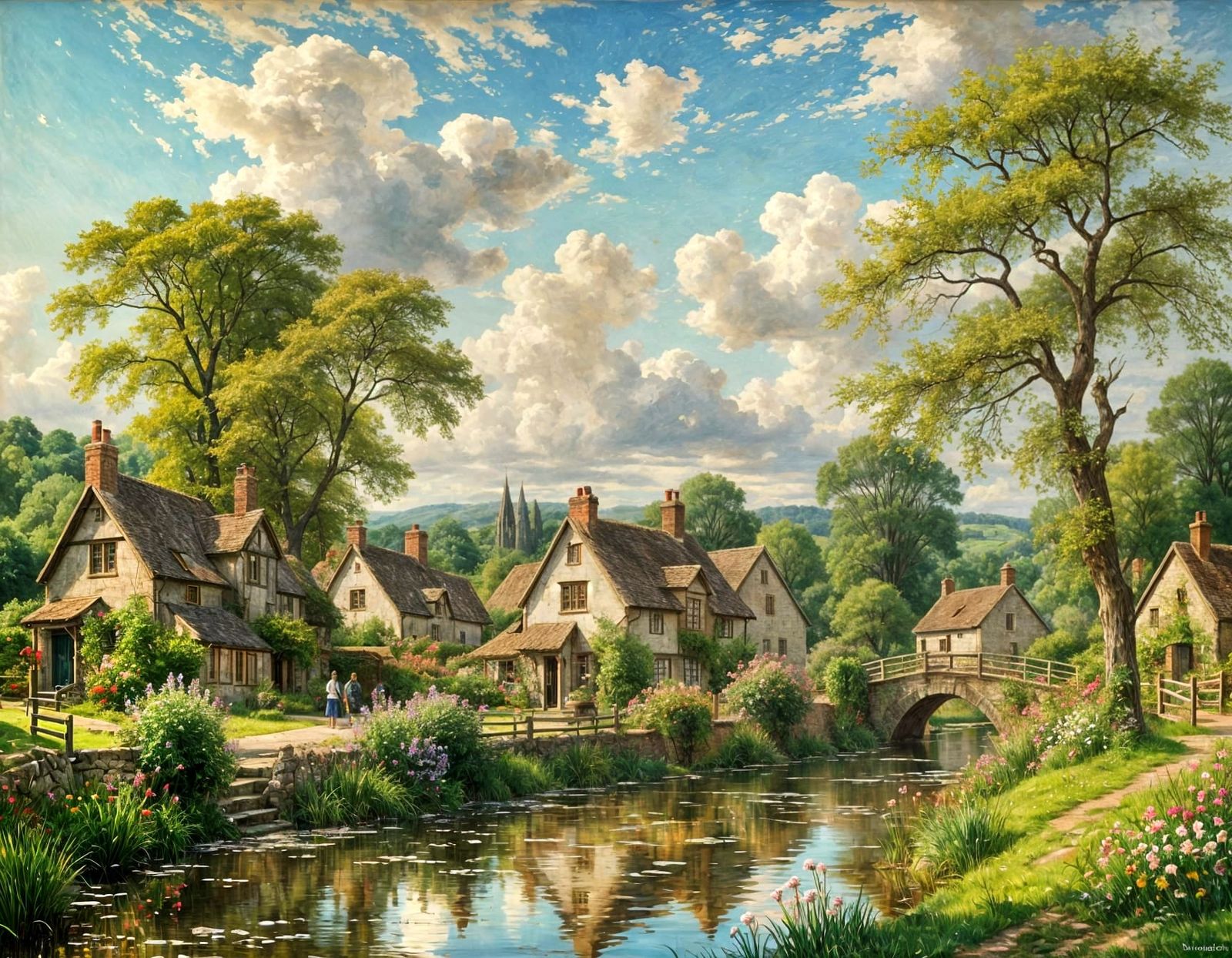 English Village by River Avon in Impressionist Oil Painting ...