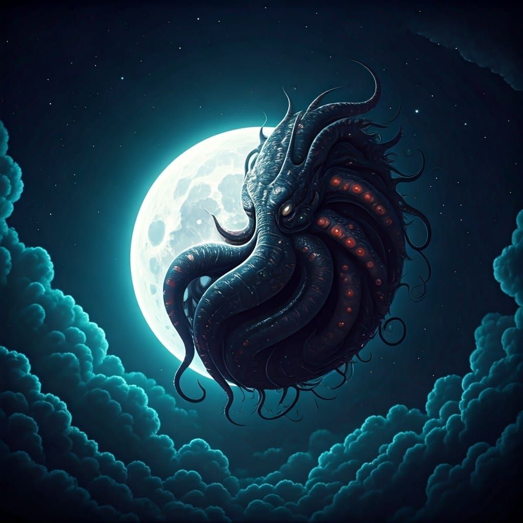 Moon and Sea Monster Fusion in Dreamlike Landscape
