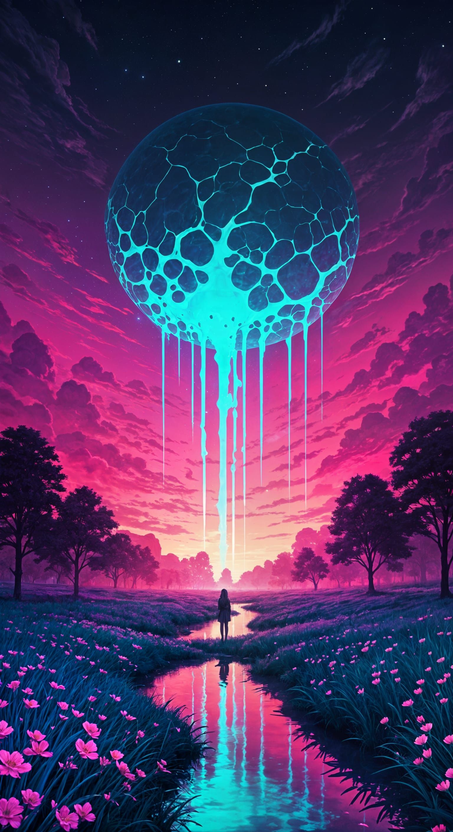 Cracked Moon Over Florescent Meadow in Synthcore Style