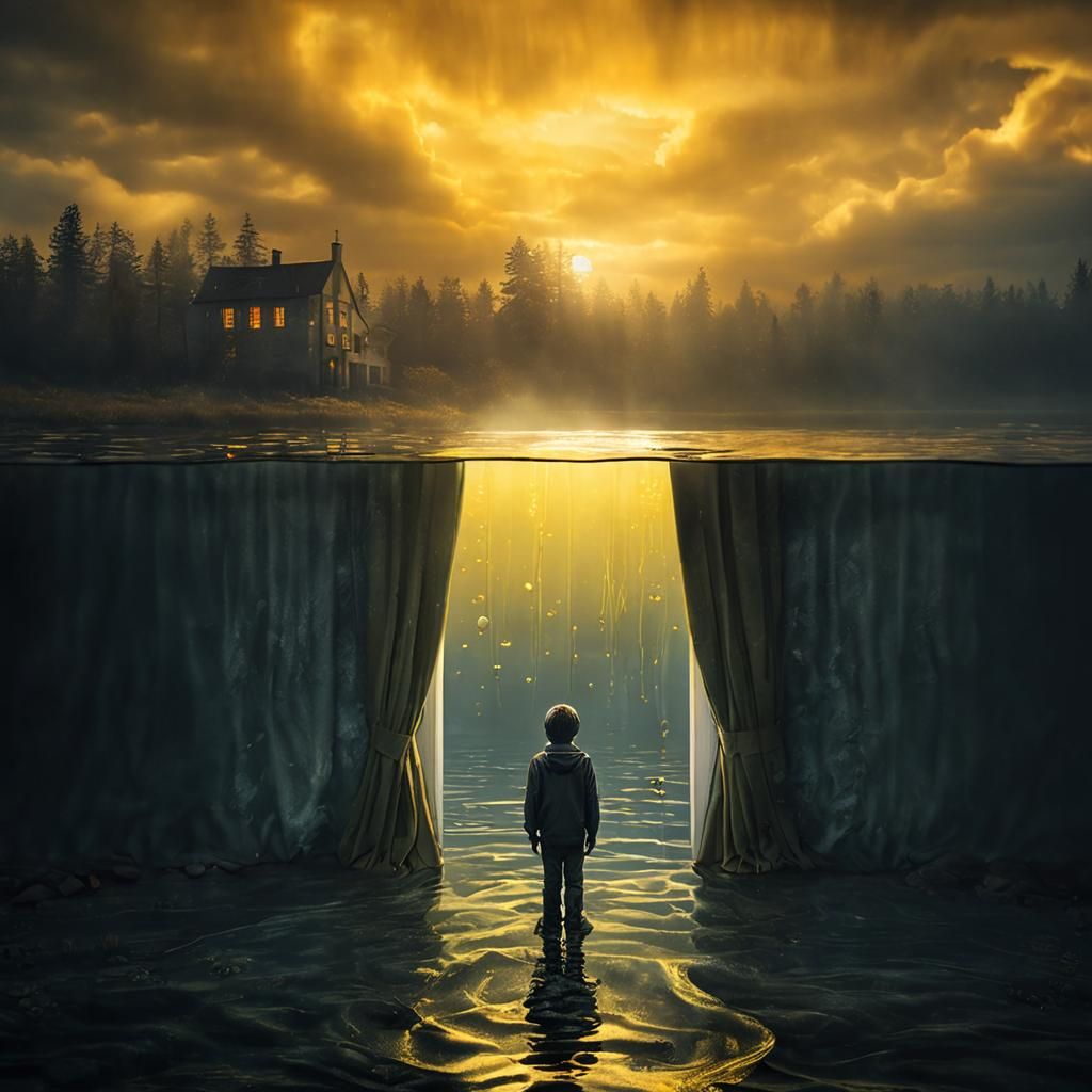 Boy Gazing at Underwater Window, Surreal Scene