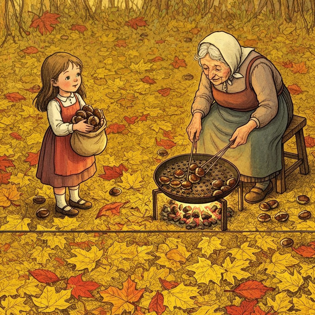 Girl and Woman Roasting Chestnuts in Autumn Leaves