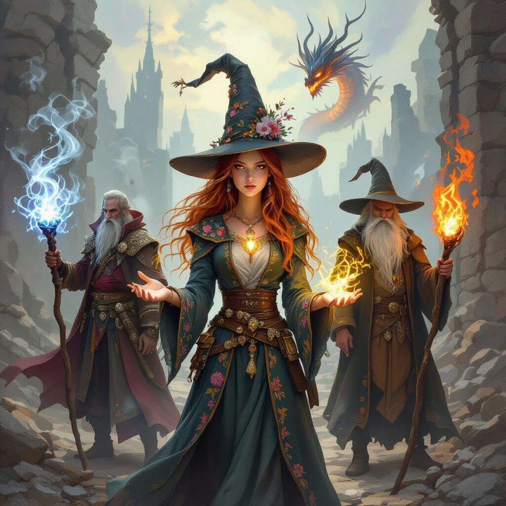Fantasy Wizards Prepare for Battle in Oil Painting Style