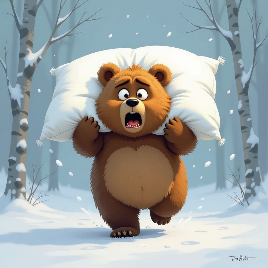 Fluffy Bear Runs With Pillow in Gothic Whimsical Style