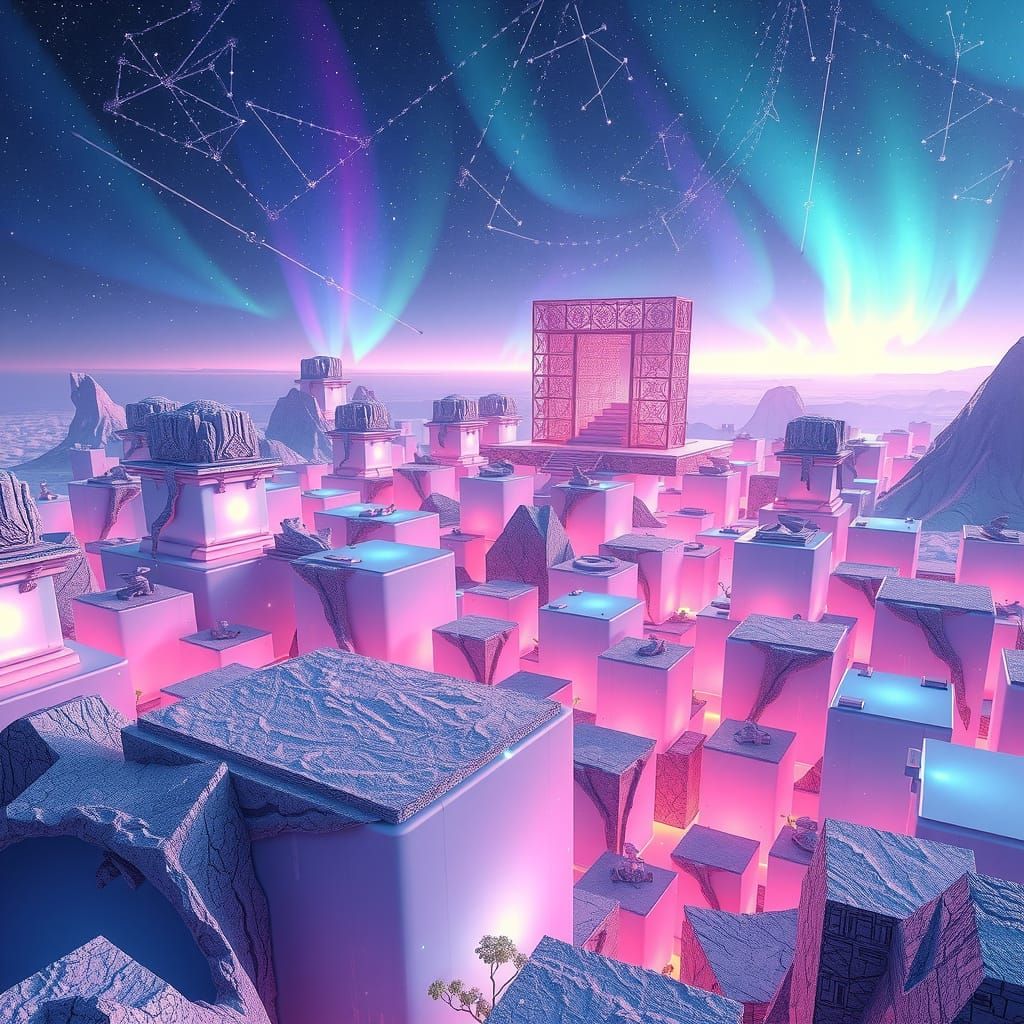 Four-Dimensional Hypercube Landscape in Neon Blues and Purpl...