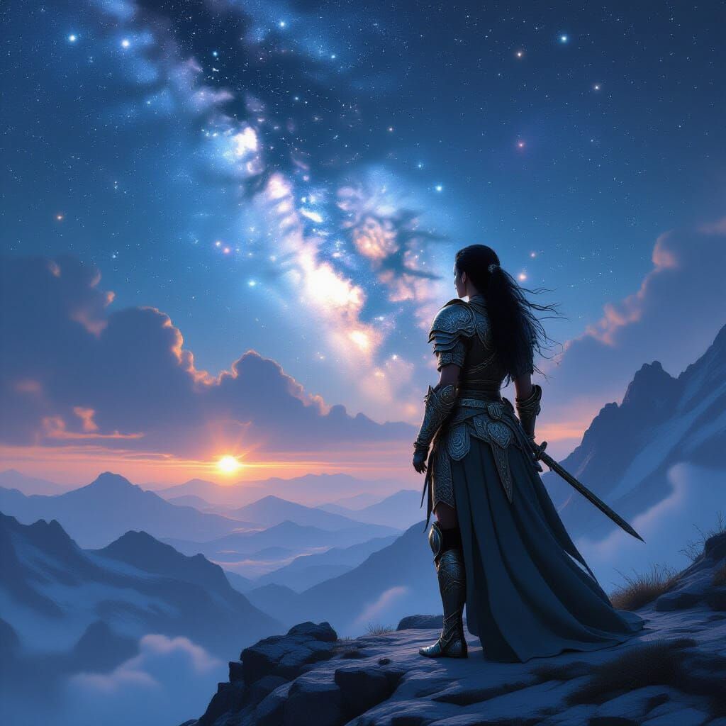 Warrior Gazes At Nebula On Mountain Peak