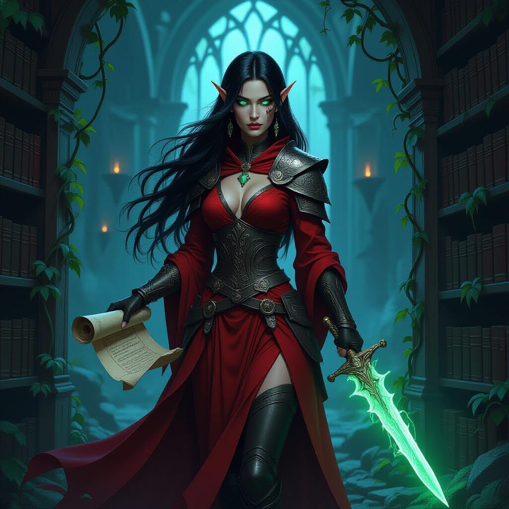 Elven Wizard in Ruined Library, Dark Fantasy Concept Art