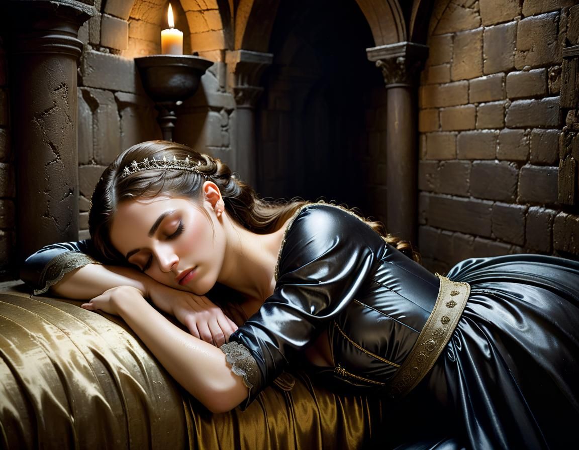 Grimdark Bridesmaid Asleep in Medieval Chamber