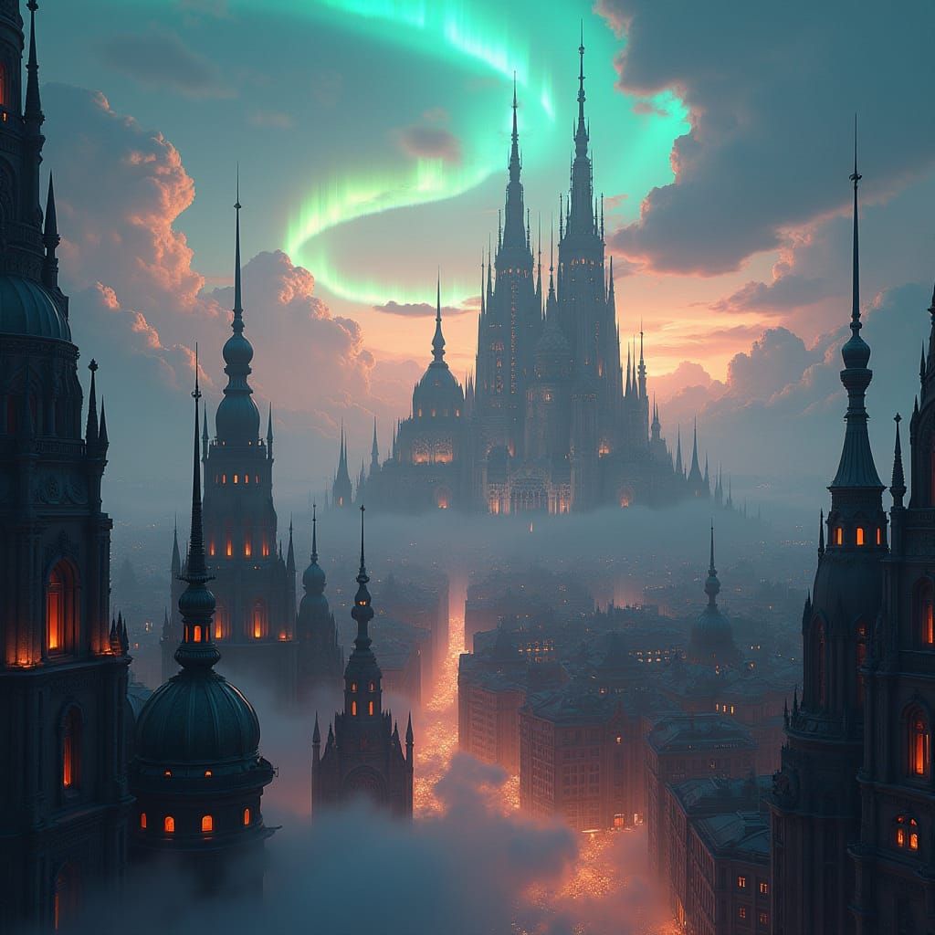 Futuristic Czech Cityscape with Aurora Borealis