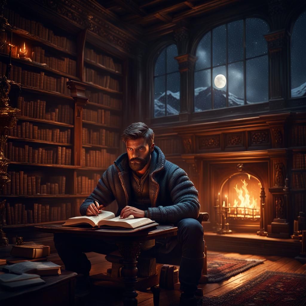 Young Man Reading by Fireplace in Moonlit Snowstorm