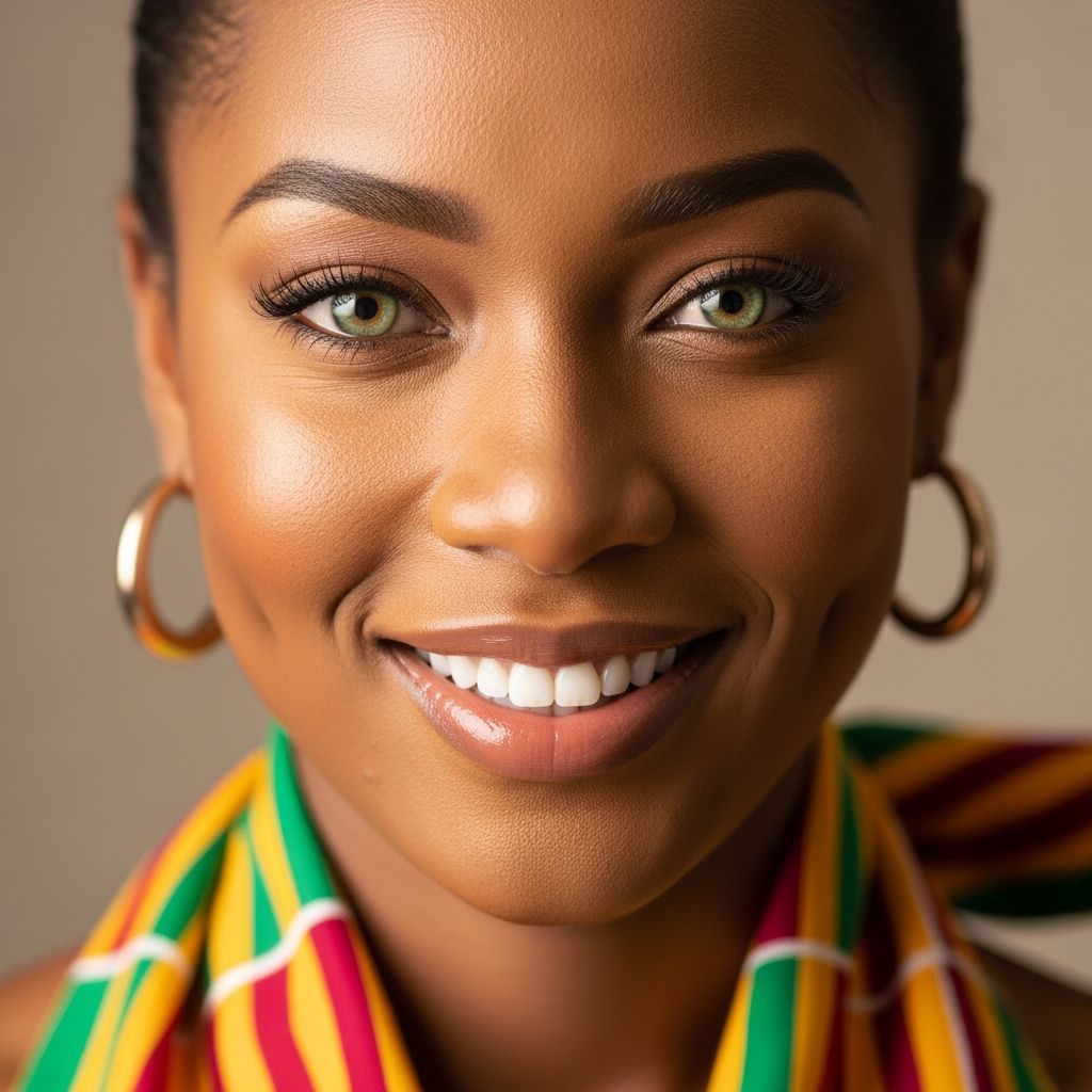 African Woman Portrait with Emerald Eyes and Kente Cloth