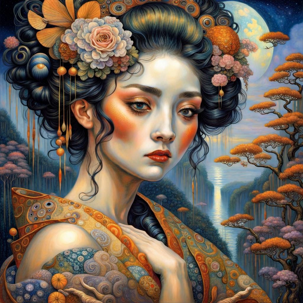 Surreal Geisha Portrait in Art Nouveau Style